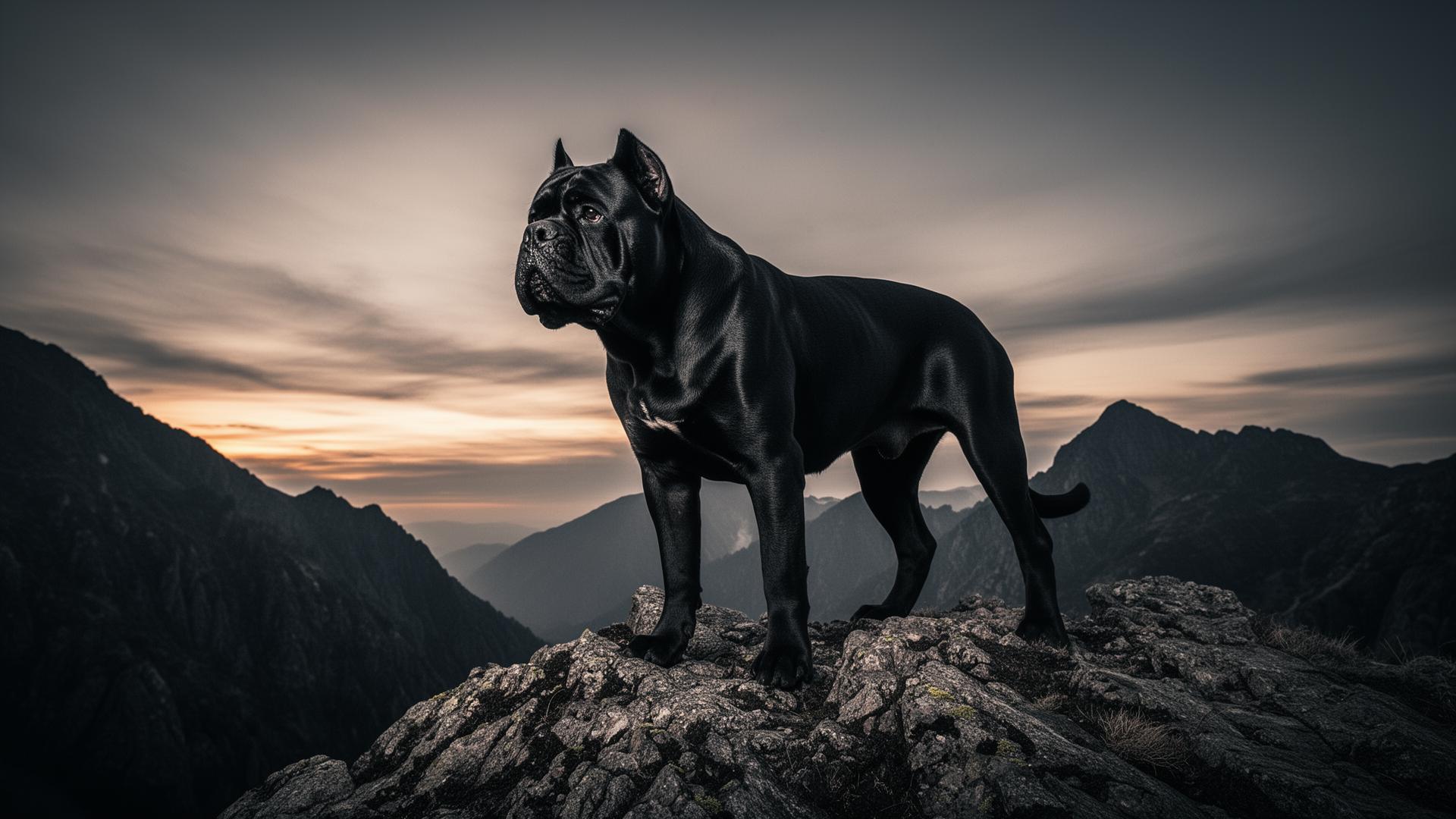 Black Cane Corso on a rocky ridge at dawn